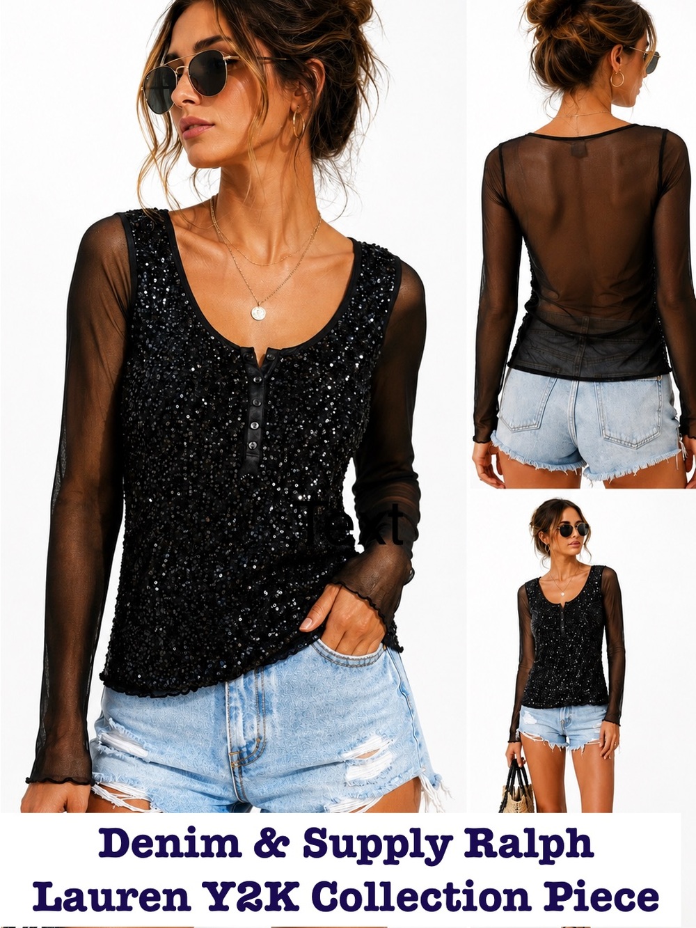 Denim & Supply Ralph Lauren Black Hand-Beaded Sequin Mesh Top Size M NWT